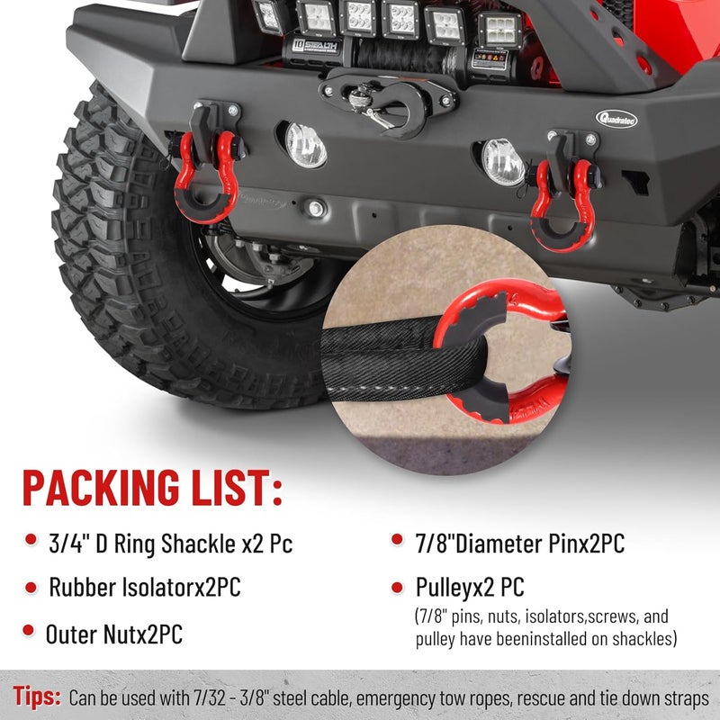 Pilida 3/4" D Ring Shackle with Upgraded Snatch Blocks,57,000 lbs(28.5 Ton) Maximum Break Strength Heavy Duty Shackles with 7/8" Screw Pin for Tow Strap Winch Off Road Vehicle Recovery,2pack Red - Image 3
